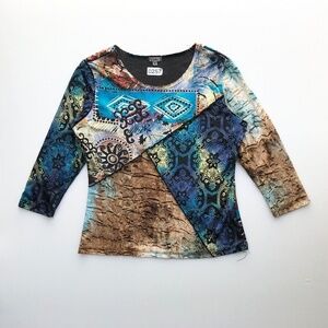 Vintage 90s Velvet Patchwork Whimsigoth Earthy Boho Velour 3/4 Sleeve Top S M